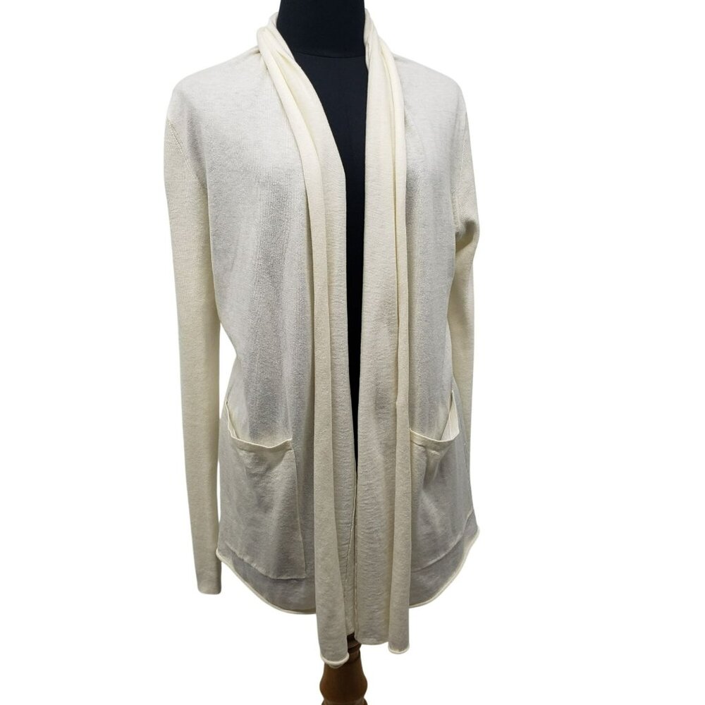 Title Nine Cardigan Supima Cotton Merino Wool Cream Open Front Waterfall S